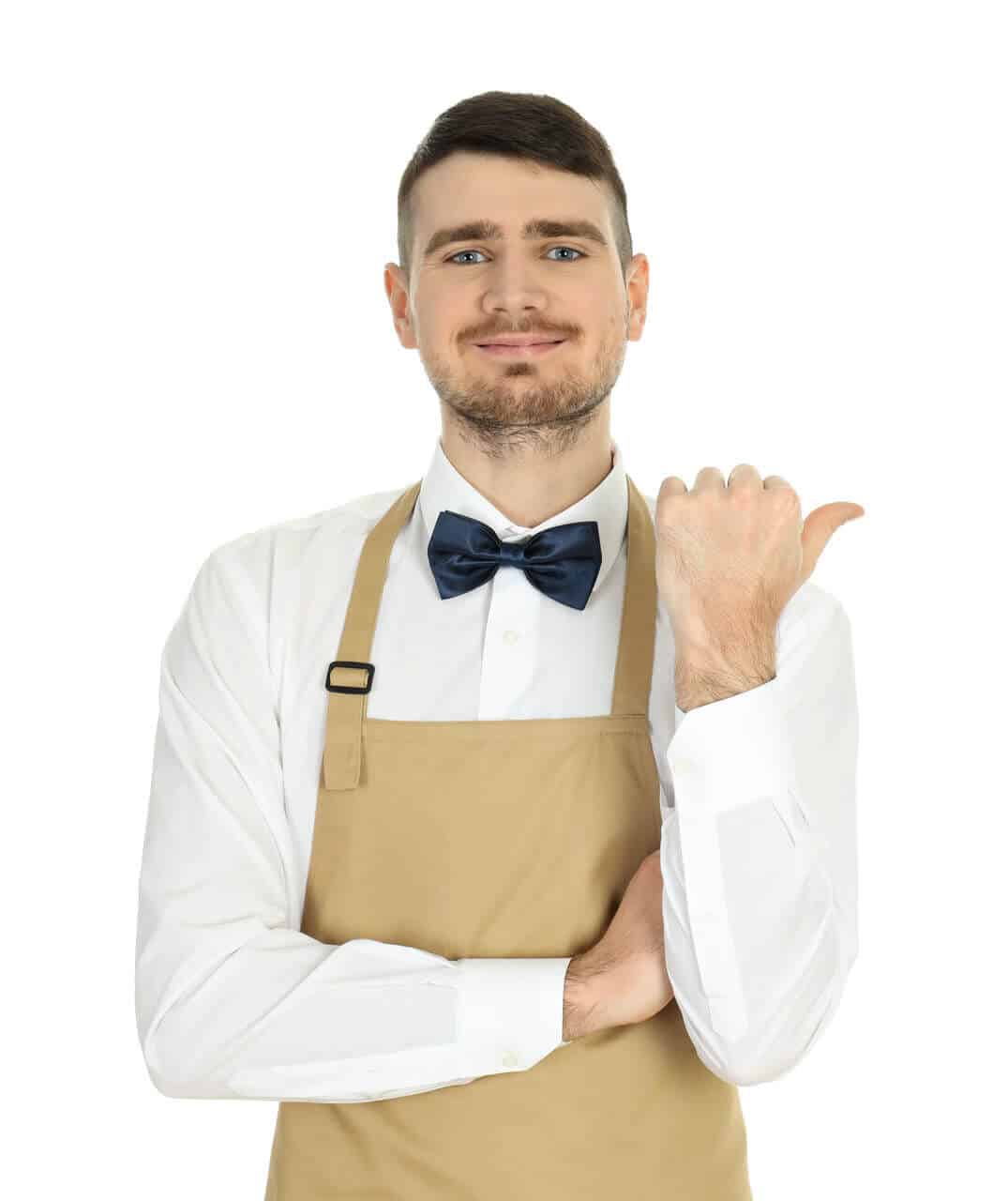 Young man waiter isolated on white background