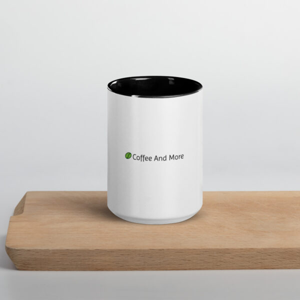 White ceramic mug with color inside black 15 oz front